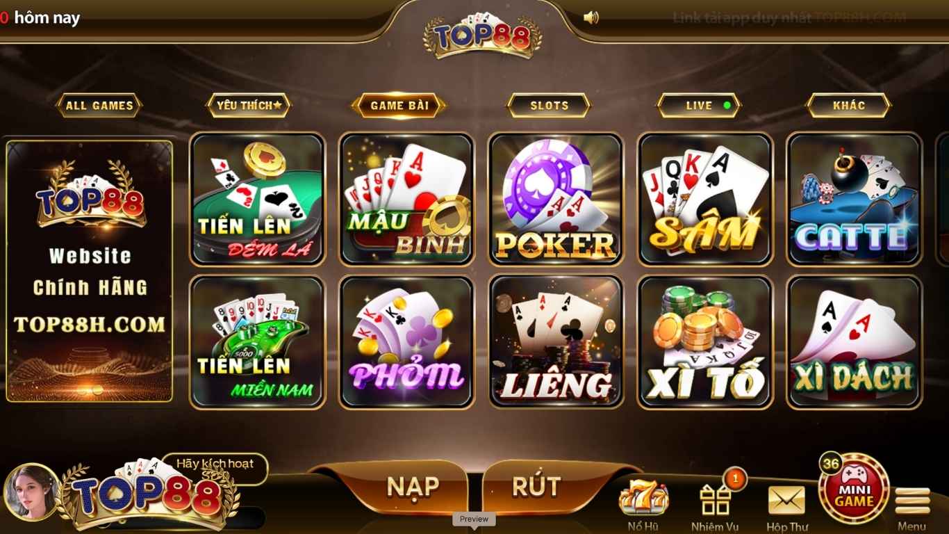 Kho game bài đa dạng tại cổng game Top88