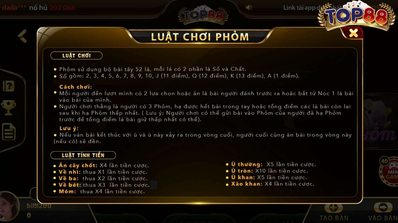 Luật chơi đánh bài phỏm đơn giản tại cổng game top88 
